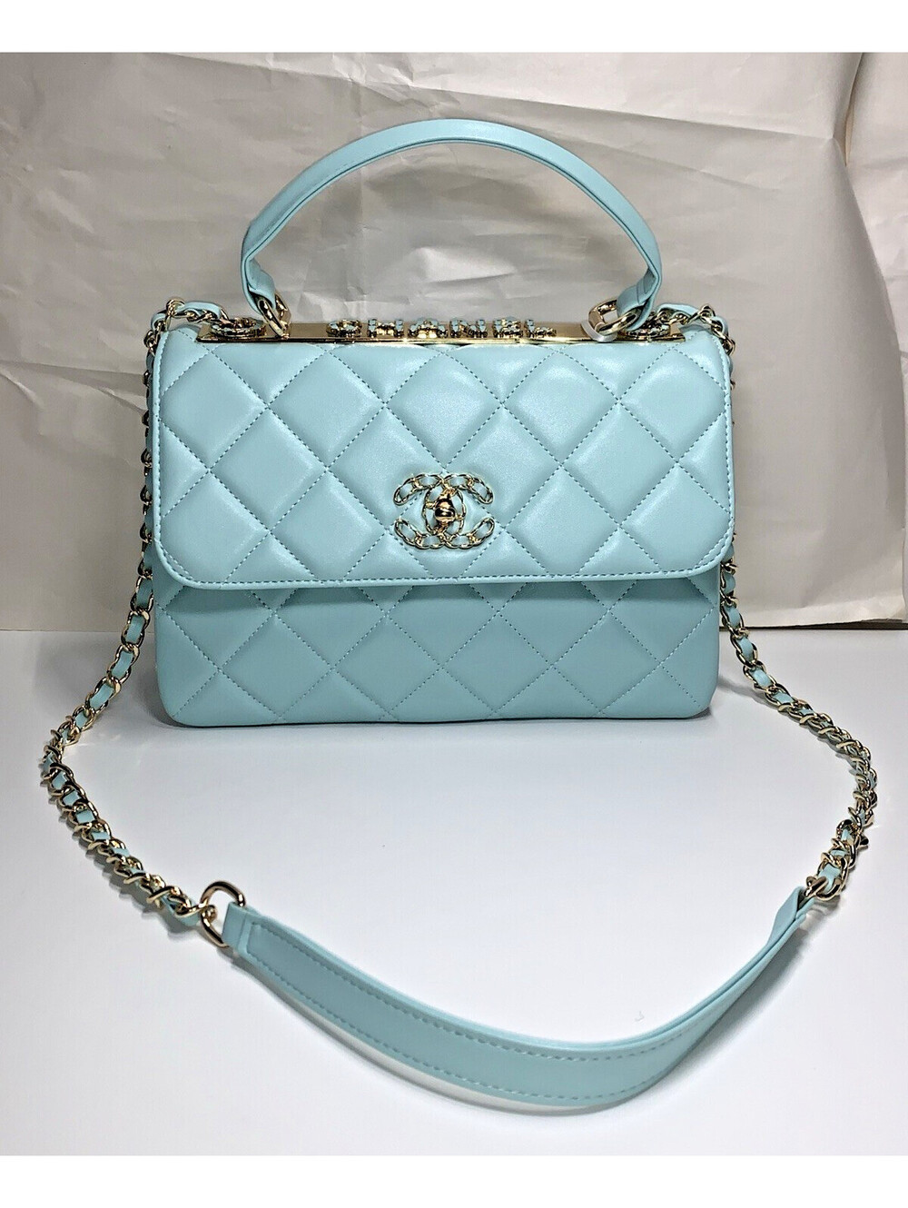 CHANEL Tiffany Blue Quilted Lambskin SM Trendy CC Flap Dual Handle Bag w/Tags